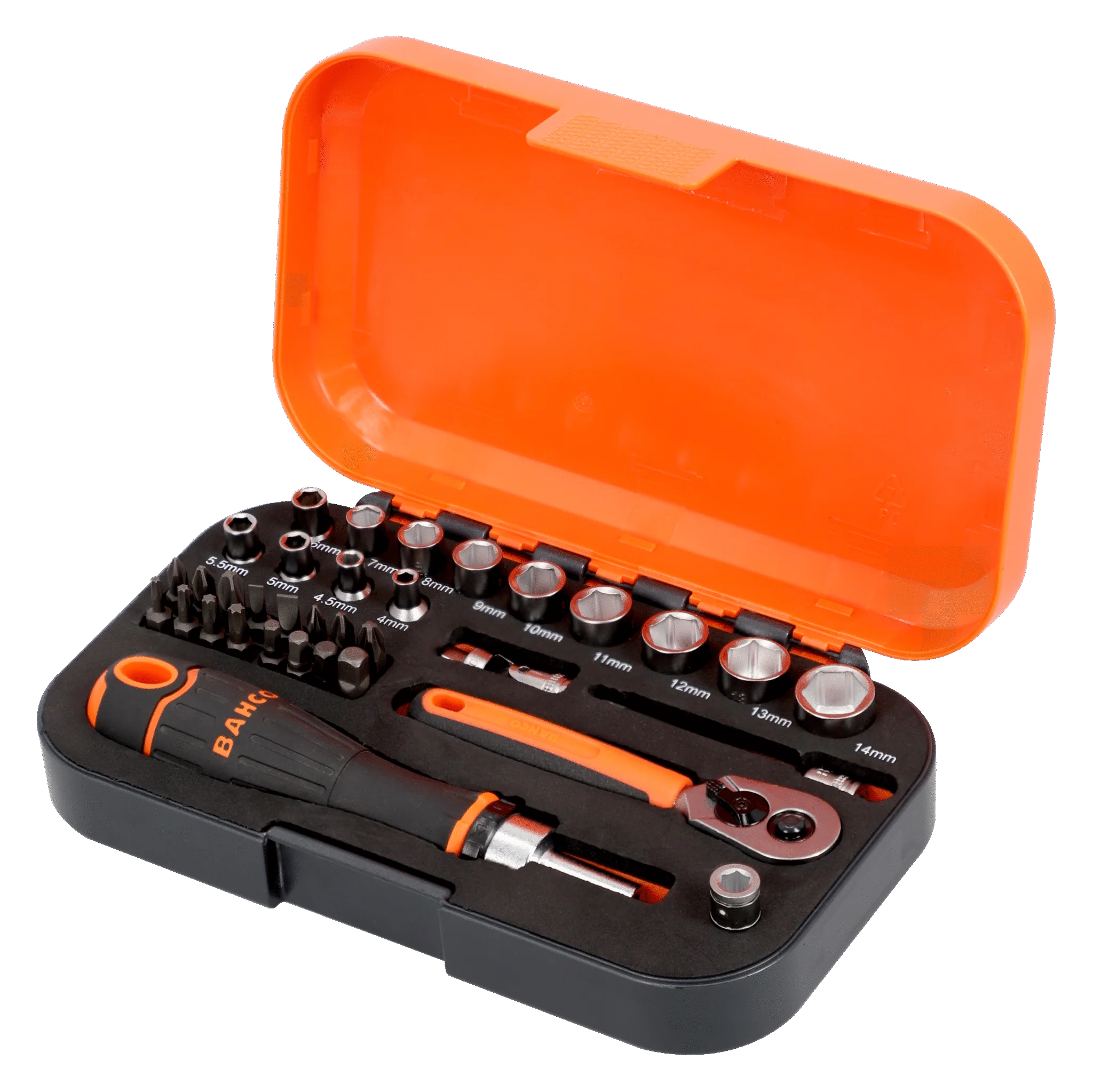 Bahco 1/4" Square Drive Socket and Bit Set with Metric Hex Profile and Ratcheting Bit Holder - 34 Pcs  S34MC8H - Image 4