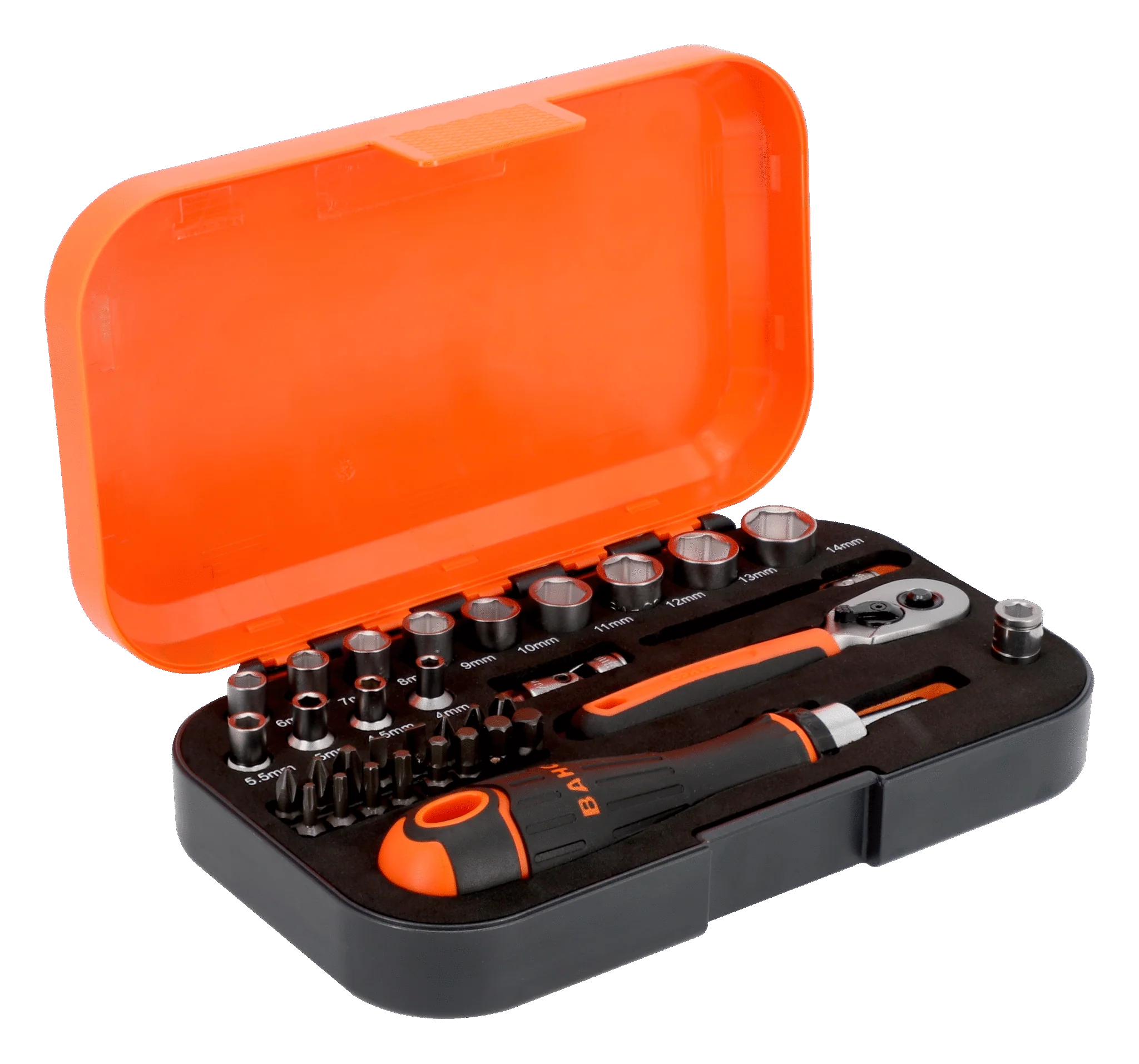 Bahco 1/4" Square Drive Socket and Bit Set with Metric Hex Profile and Ratcheting Bit Holder - 34 Pcs  S34MC8H - Image 6