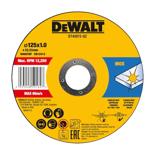 Dewalt HIGH PERFORMANCE BONDED DISC THIN FAST CUT (10 X TIN) 125MM X 1.0MM X 22.23MM - DT43972-QZ