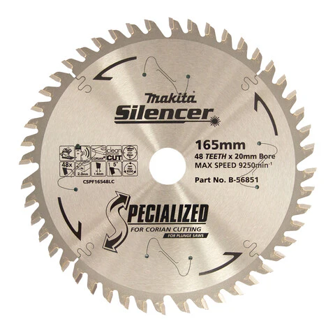 Makita PLUNGE SAW TCT SAW BLADE 165mm x 20 x 48T / CORIAN 2mm KERF B-56851