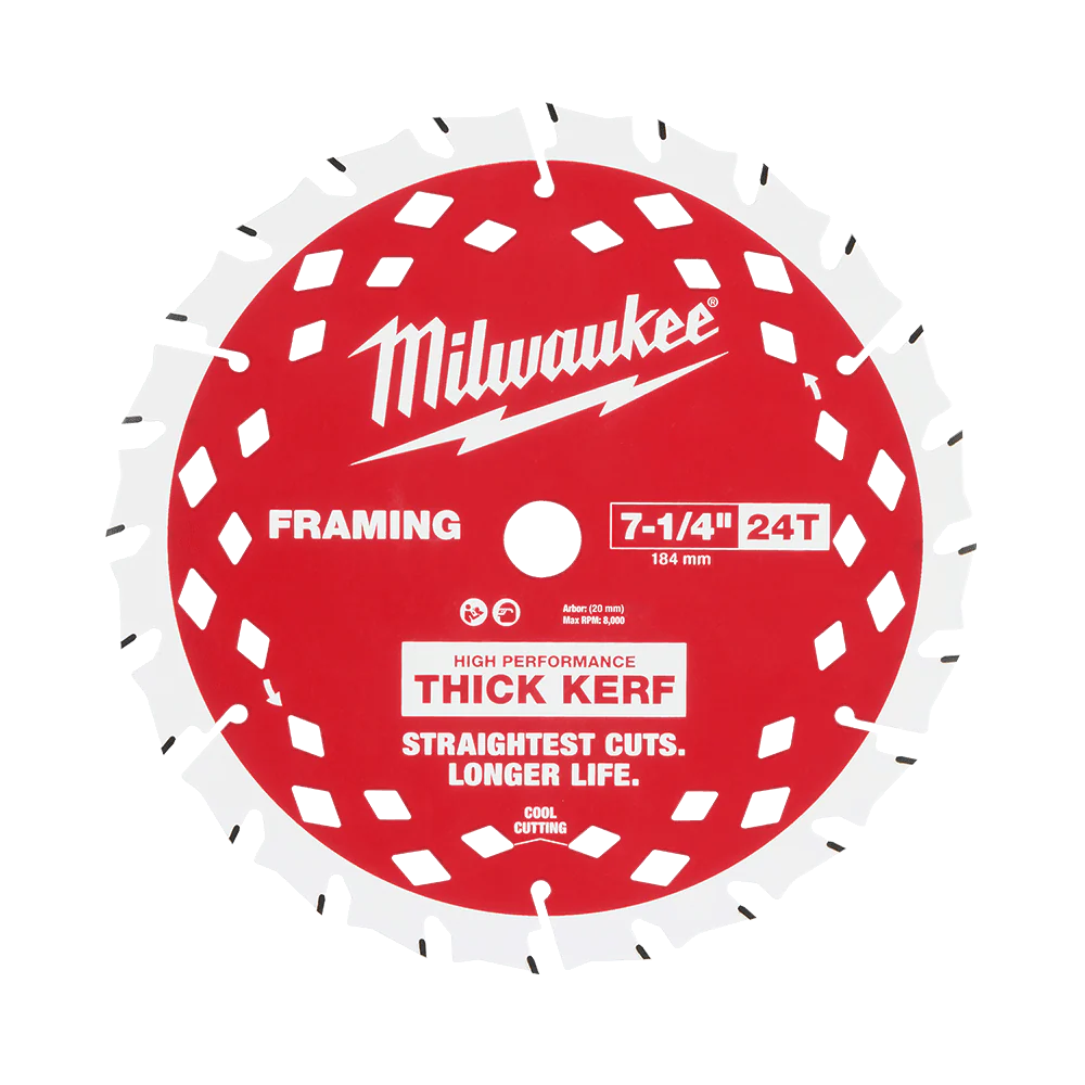 Milwaukee 184mm (7-1/4") 24T Wood Circular Saw Blade Framing Thick Kerf for Highest Power Cordless Saws - 48408740