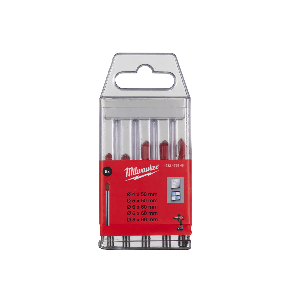 Milwaukee Glass and Tile Drill Bit 5PC Set
(1) 4mm, (1) 5mm, (2) 6mm, (1) 8mm - 4932479948