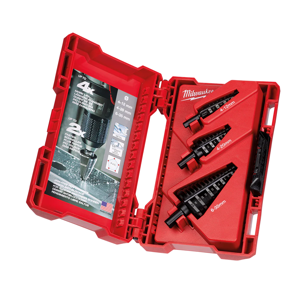 Milwaukee Jam-Free Step Drill Set
(1) 4-12mm, (1) 4-20mm, (1) 6-35mm - 48899399