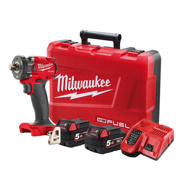 Milwaukee M18 FUEL™ 1/2" Compact Impact Wrench with Pin Detent Kit (2x 5.0Ah) - M18FIW2P12-502C