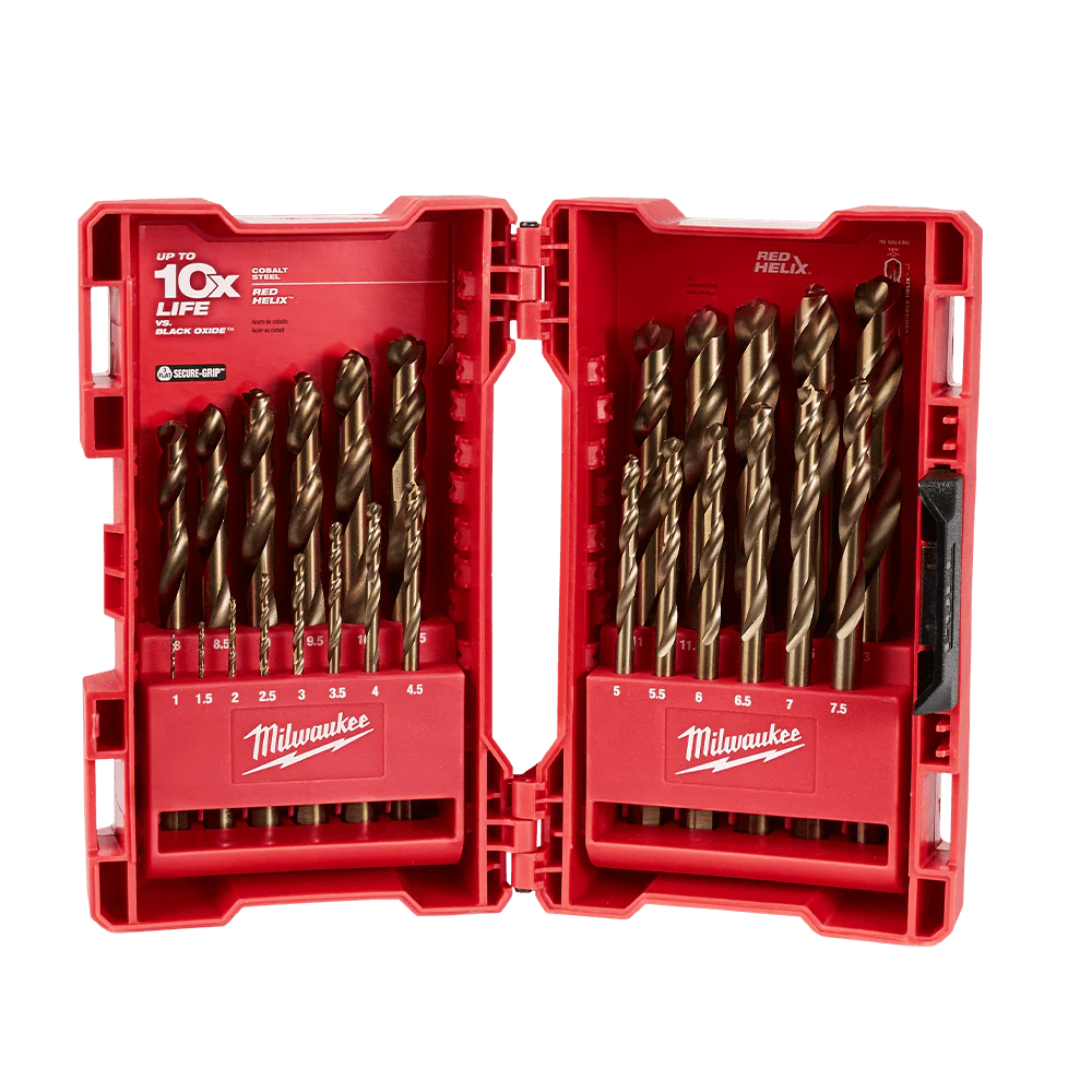 Milwaukee RED HELIX™ Cobalt Drill Bit 25Pc Kit
1mm, 1.5mm, 2mm, 2.5mm, 3mm, 3.5mm, 4mm, 4.5mm, 5mm, 5.5m,m 6mm, 6.5mm, 7mm, 7.5mm, 8mm, 8.5mm, 9mm, 9.5mm, 10mm, 10.5mm,11mm, 11.5mm, 12mm, 12.5mm, 13mm - 48892531