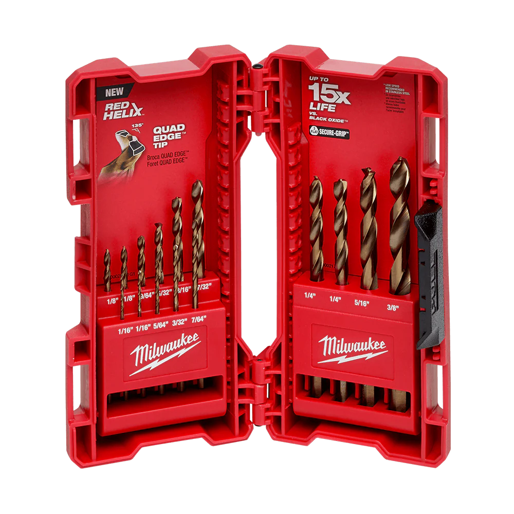Milwaukee Red Helix ™ Cobalt Imperial Drill Bit 15Pc Kit
2 x 1/16", 1 x it 5/64", 1 x 3/32", 1 x7/64", 2 x 1/8", 1 x 9/64", 1 x 5/32", 1 x 3/16", 1 x 7/32", 2 x 1/4", 1 x 5/16" , 1 x 3/8"  - 48892340