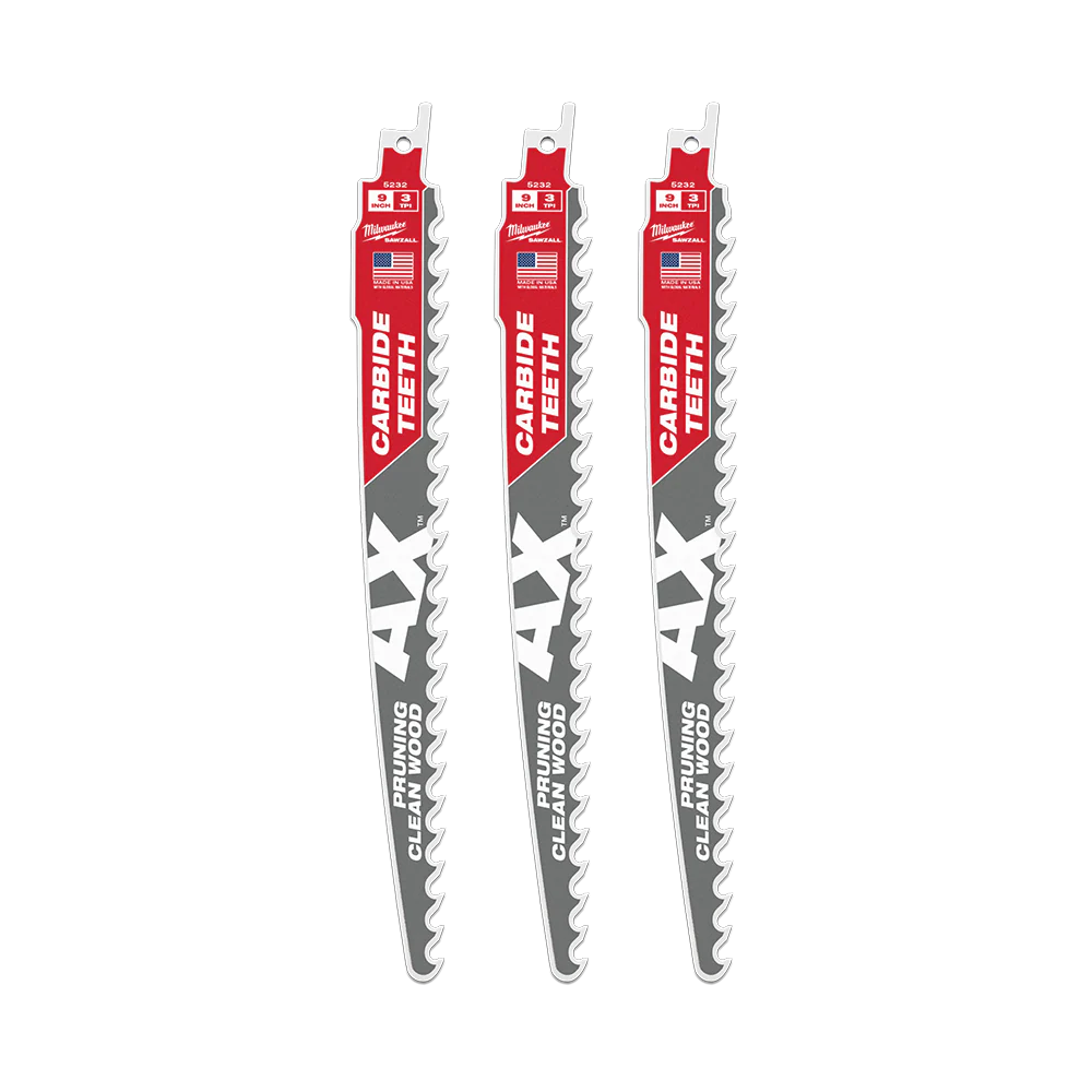 Milwaukee SAWZALL™ The AX™ with Carbide Teeth Pruning 225mm 9" 3TPI Blade 3 Pack - 48005332