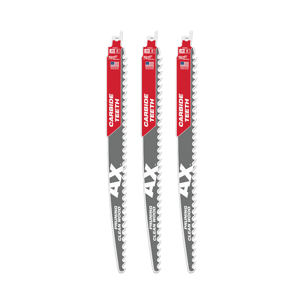 Milwaukee SAWZALL™ The AX™ with Carbide Teeth Pruning 305mm 12" 3TPI Blade 3 Pack - 48005333