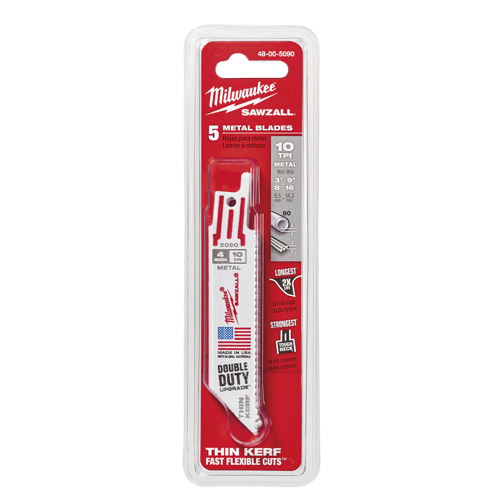 Milwaukee SAWZALL™ Thin Kerf Metal 100mm 3-15/16" 10TPI Blade 5 Pack - 48005090