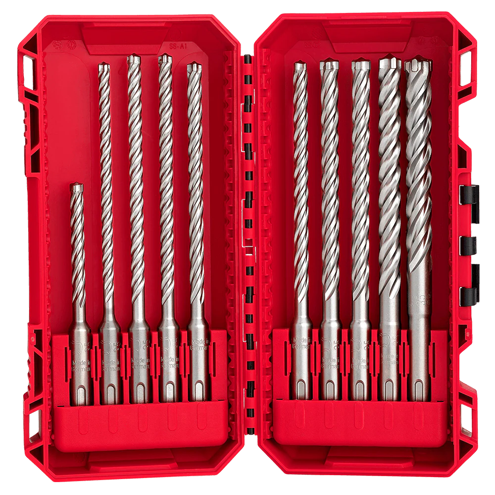 Milwaukee SDS Plus MX4 4-Cut Drill Bit 10PC Set
Ø 6 x 115 mm, Ø 5 / 6 (x2) / 6.5 (x2) / 8 (x2) / 10 / x 165mm, Ø 12 x 160mm - 49323557