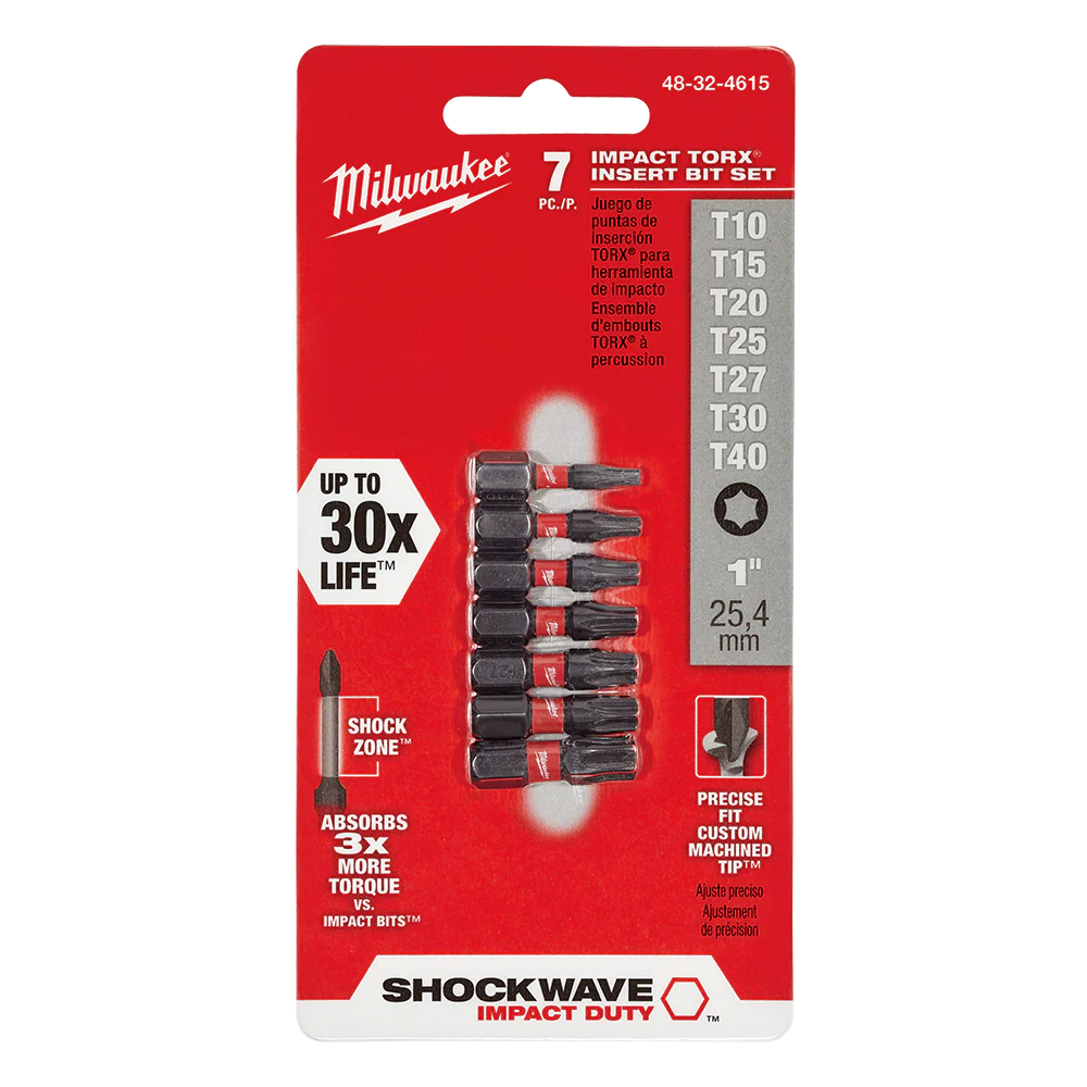 Milwaukee SHOCKWAVE™ Insert Bit Set 7 Pce
T10, T15, T20, T25, T27, T30, T40 - 48324615