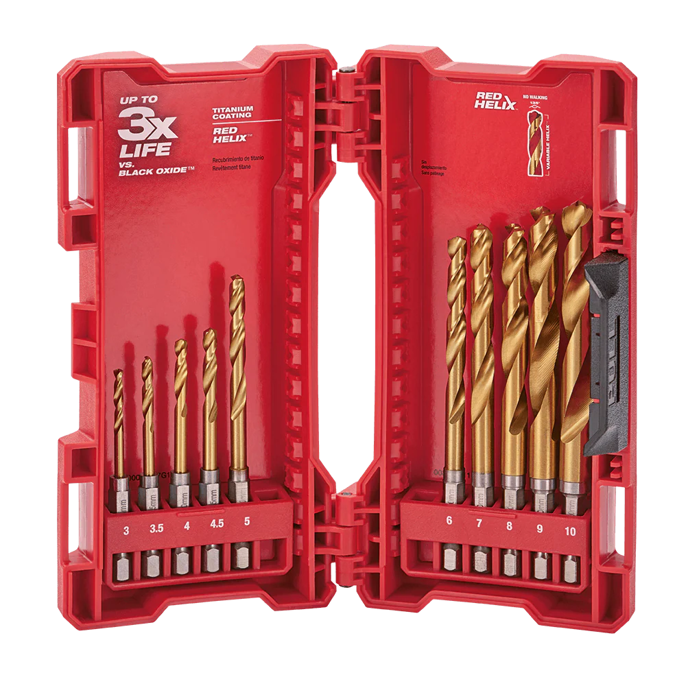 Milwaukee SHOCKWAVE™ Red Helix Titanium Drill Set 10 Pce Kit
3mm, 3.5mm, 4mm, 4.5mm, 5mm, 6mm, 7mm, 8mm, 9mm, 10mm - 48894859