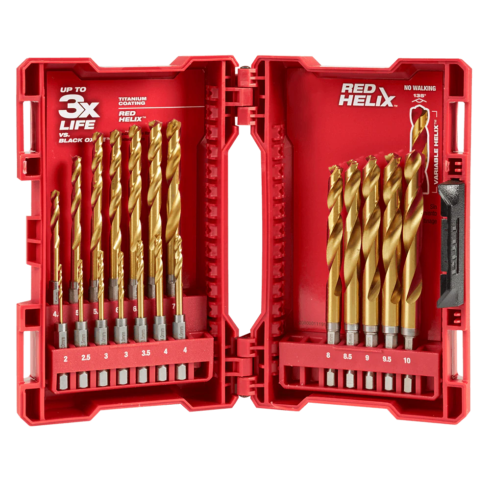 Milwaukee SHOCKWAVE™ Red Helix Titanium Drill Set 19 Pce Kit
2mm, 2.5mm, 3mm(2), 3.5mm, 4mm(2), 4.5mm, 5mm, 5.5mm, 6mm, 6.5mm, 7mm, 7.5mm, 8mm, 8.5mm, 9mm, 9.5mm, 10mm - 48894860
