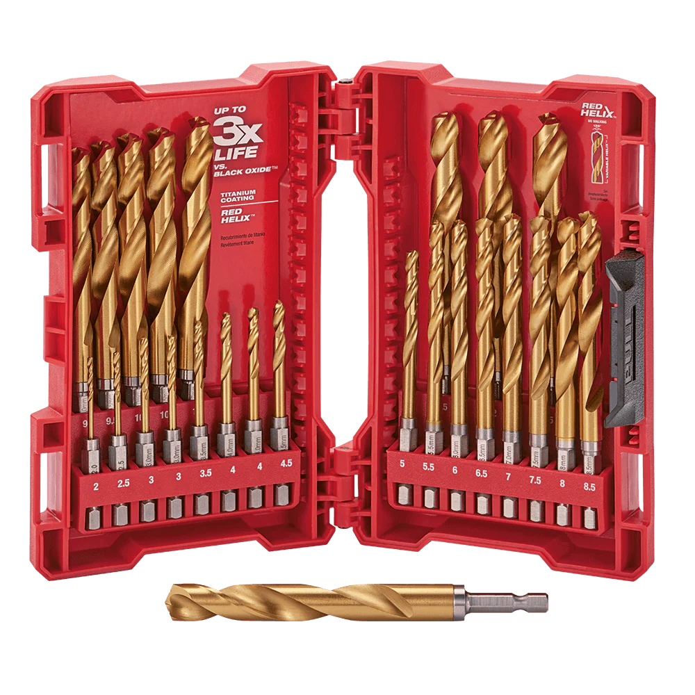 Milwaukee SHOCKWAVE™ Red Helix Titanium Drill Set 25 Pce Kit
2mm, 2.5mm, 3mm (2), 3.5mm, 4mm (2), 4.5mm, 5mm, 5.5mm, 6mm, 6.5mm, 7mm, 7.5mm, 8mm, 8.5mm, 9mm, 9.5mm, 10mm, 10.5mm, 11mm, 11.5mm, 12mm, 12.5mm, 13mm - 48894861